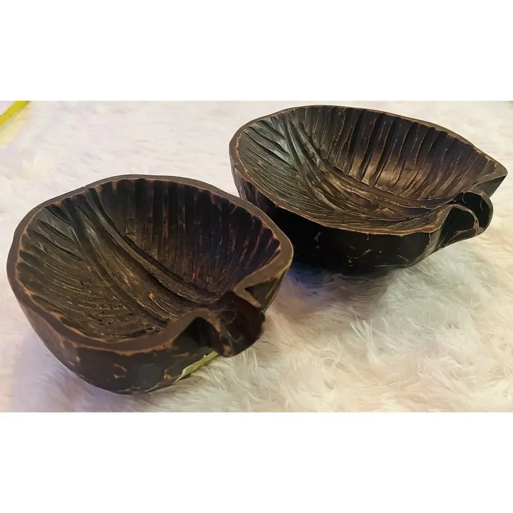 Set 2 Mango Wood Bowls Leaf Hand Carved Decor‎ Vintage Boho Tropical Indonesia